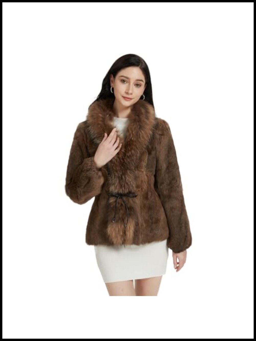 Genuine Rabbit Fur Coat Warm Winter Overcoat Fuzzy Long Sleeve